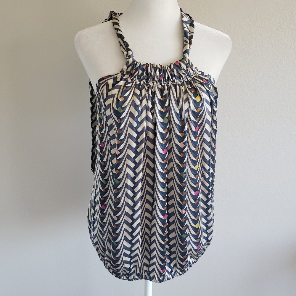 Trinity Silk Blouse Halter Sleeveless Geometric Tie Neck Size Small S